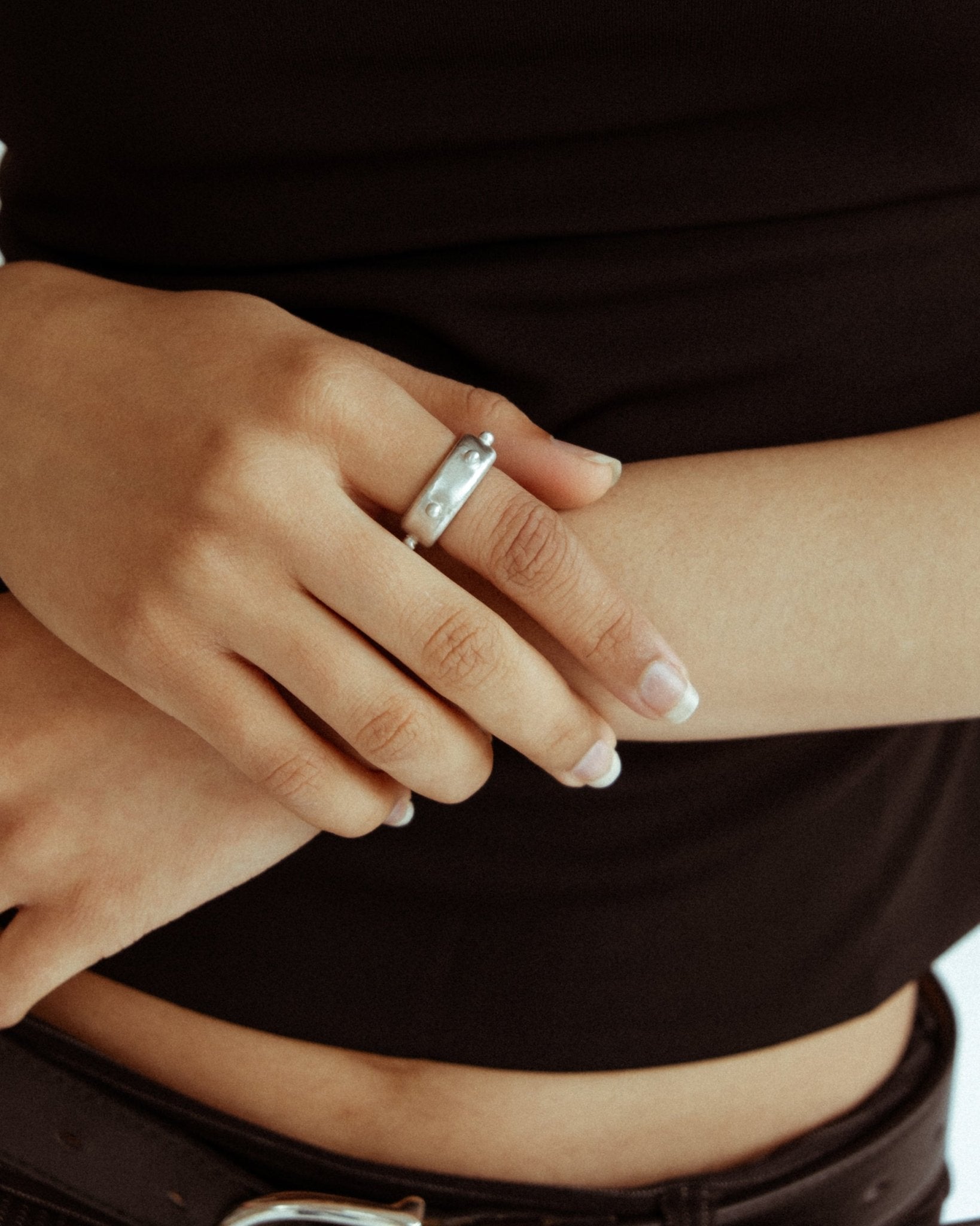 Thick sterling silver chunky ring photographed close-up